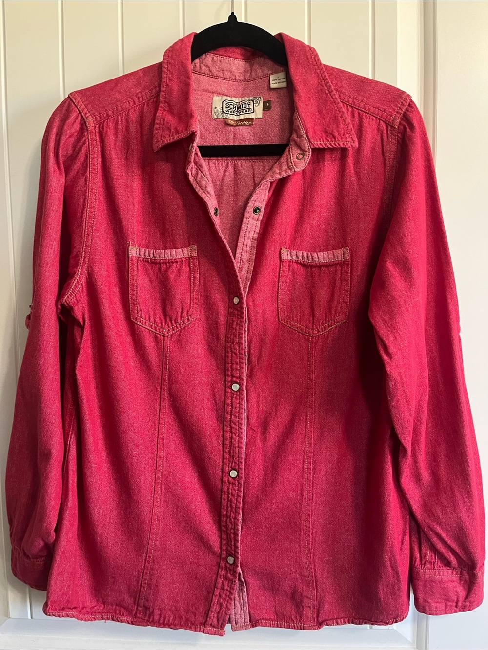 C.E. Schmidt Workwear Shirt Fit For Her Sz Large 100% Cotton Pearl Snap Buttons